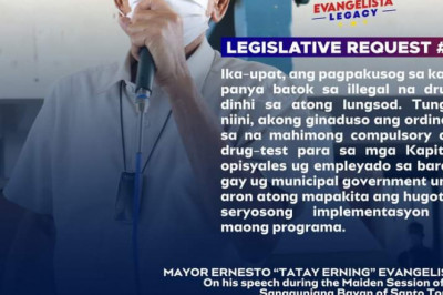 Mandatory drug test sa lahat ng opisyal at empleyado ng Santo Tomas LGU, isinusulong ni Evangelista