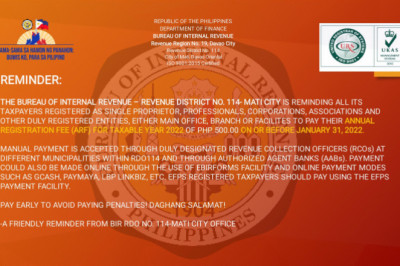 Mati City taxpayers reminded to pay their annual registration fee on or before Jan. 31,2022