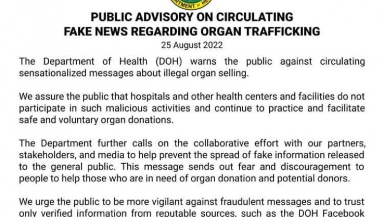 DOH, nagbabala sa publiko sa  maling impormasyon ukol  sa organ trafficking