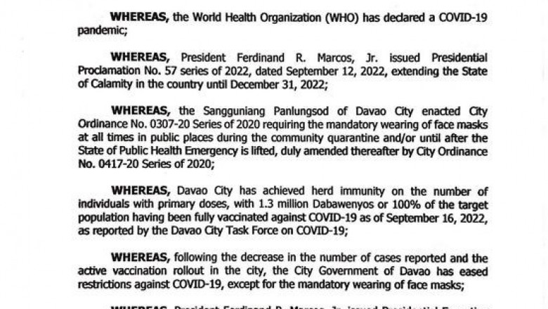 Davao City mayor signs EO No. 43 authorizing optional wearing of face masks outdoors