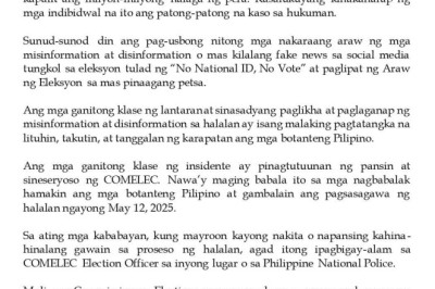 Comelec nagbabala 𝐬𝐚 𝐦𝐠𝐚 𝐊𝐚𝐡𝐢𝐧𝐚-𝐡𝐢𝐧𝐚𝐥𝐚𝐧𝐠 𝐆𝐚𝐰𝐚𝐢𝐧 𝐍𝐠𝐚𝐲𝐨𝐧𝐠 𝐍𝐚𝐥𝐚𝐥𝐚𝐩𝐢𝐭 𝐧𝐚 May 12 elections