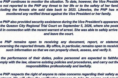 PNP: NO VERIFIED THREAT AGAINST VP SARA DUTERTE, FAMILY