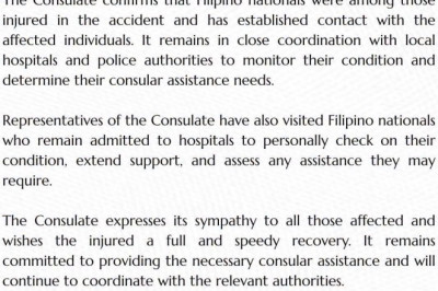 FILIPINOS INJURED IN BUS ACCIDENT IN BARCELONA, PHILIPPINE CONSULATE SAYS